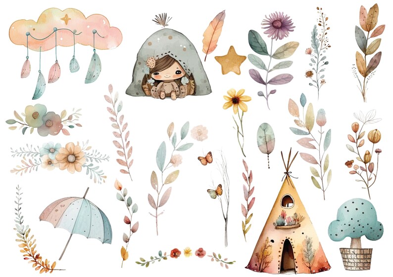 May include: Watercolor illustrations of a girl in a teepee, a cloud with hanging feathers, a variety of flowers and plants, a butterfly, a star, an umbrella, and a tree in a pot.