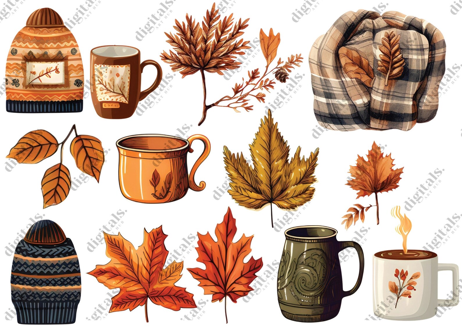 Watercolor Autumn Clipart, Cozy Fall Clipart Bundle, 53 PNG Watercolor ...