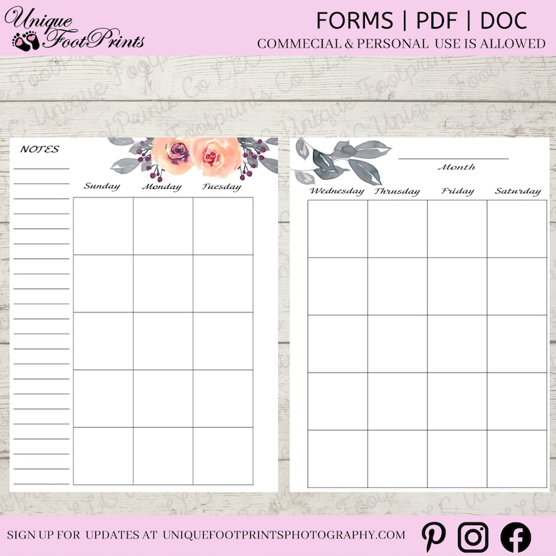 Monthly Planner Printable INSTANT Download, Discbound Calendar Layout Insert, Calendar Layout