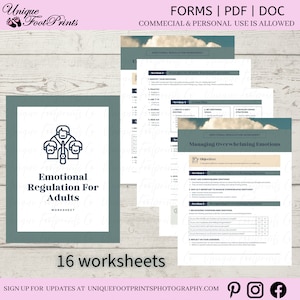 May include: A set of 16 printable worksheets for adults on emotional regulation. The worksheets are designed to help individuals manage overwhelming emotions and develop healthy coping strategies. The cover image features a stylized illustration of three people with their arms around each other, symbolizing support and connection.