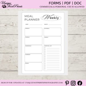 Könnte beinhalten: Ein druckbarer wöchentlicher Speiseplan mit einem schwarz-weißen Design. Der Planer enthält Abschnitte für jeden Tag der Woche, eine Einkaufsliste und einen Platz für die Woche und den Monat.