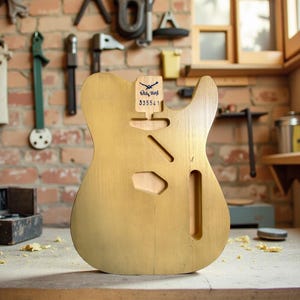 Könnte beinhalten: Ein unfertiger, hellbrauner E-Gitarrenkorpus mit Aussparungen für Tonabnehmer und Bedienelemente. Ein Etikett mit dem Text "White Wolf" und der Nummer "335541" ist angebracht. Der Gitarrenkorpus befindet sich auf einer Holzwerkbank.