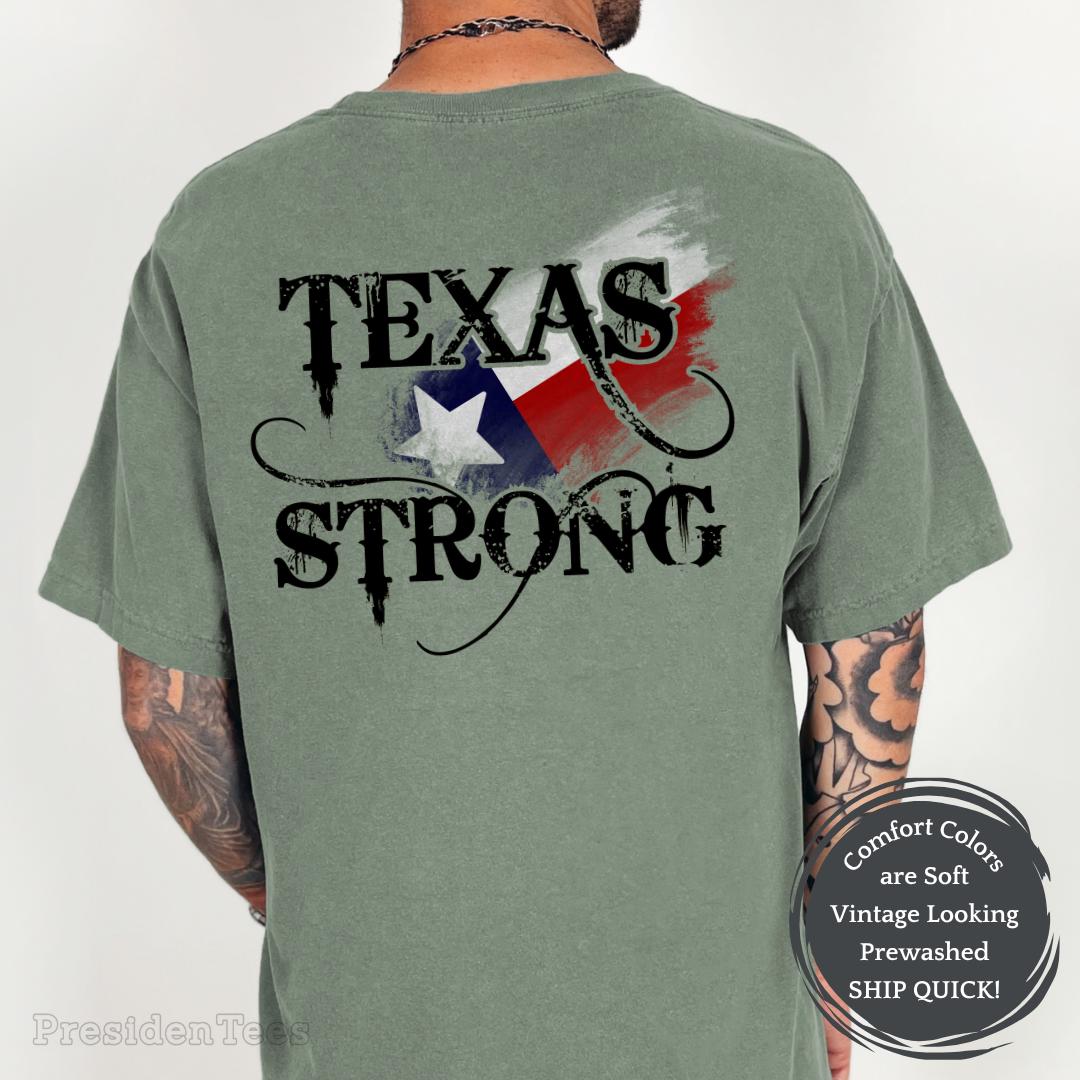 Texas Strong Shirt, Vintage Texas Flag Oversized Comfort Colors TShirt, Pray for Texas Tee, Back Print Gift For Men Flood Survivor TShirt