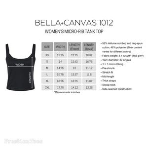 May include: Black micro-rib tank top with a scoop neck, thick straps, and side-seamed construction. The image includes a size chart with measurements in inches for XS to 2XL. The tank top is made of a cotton and polyester blend.