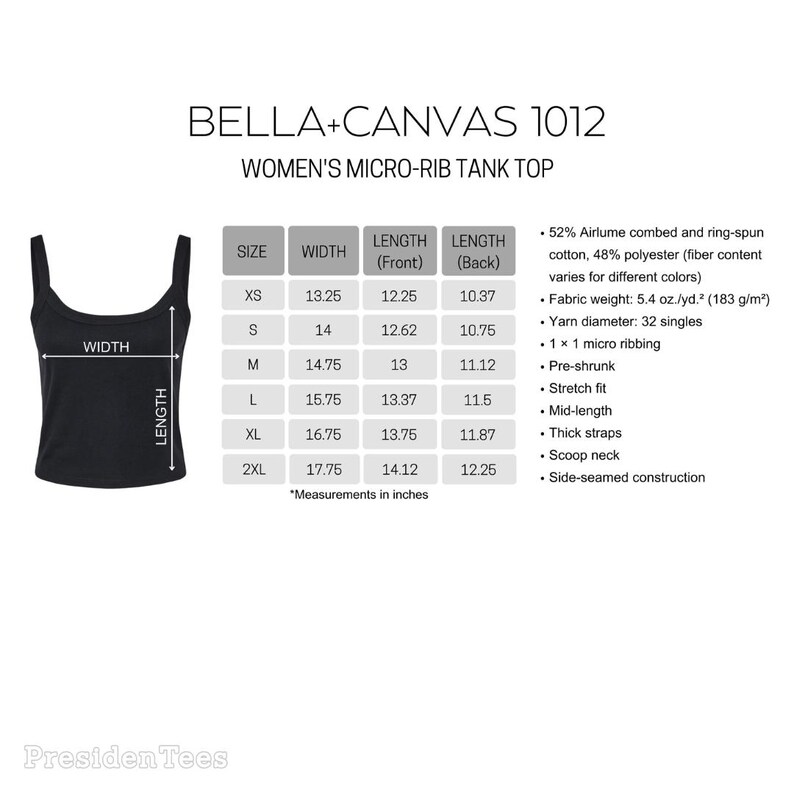 May include: Black micro-rib tank top with a scoop neck, thick straps, and side-seamed construction. The image includes a size chart with measurements in inches for XS to 2XL. The tank top is made of a cotton and polyester blend.