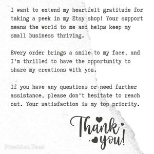May include: A white background with black text expressing gratitude for visiting an Etsy shop. The text includes a thank you message and mentions the shop's appreciation for customer support. The shop name "PresidenTees" is at the bottom.
