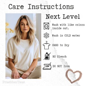 May include: A woman in a cream t-shirt and trousers. The image shows care instructions: wash with similar colours inside out, wash in cold water, hang to dry, no bleach, and do not iron. The text "Next Level" is also present.