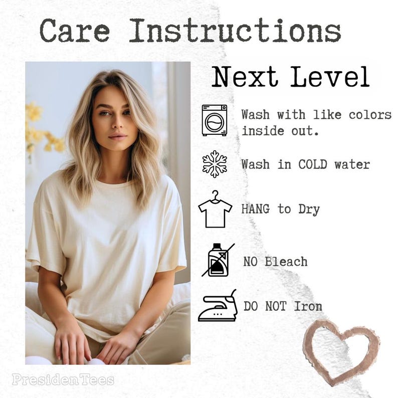 May include: A woman in a cream t-shirt and trousers. The image shows care instructions: wash with similar colours inside out, wash in cold water, hang to dry, no bleach, and do not iron. The text "Next Level" is also present.