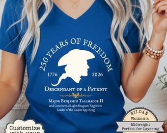 250th Anniversary V Neck Shirt, Custom Descendant of a Patriot Tee, Revolutionary War Womens Top, 1776 2026 Heritage Gift