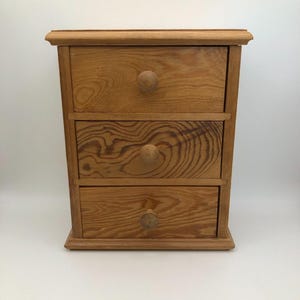 Natural pine 3 drawer small chest of drawers, fits on a table top only 25cm tall