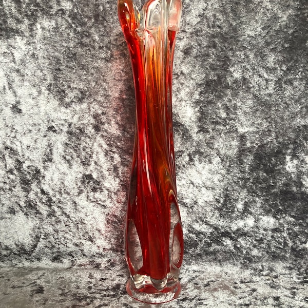 Vintage Tall Red and Clear Swirled Glass Vase