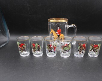 Vintage Glass Beer Tankard and Six Shot Glasses with Horse and Hound Motifs