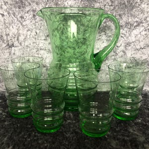 Green Glass Pitcher Jug and Glasses