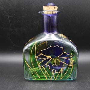Vintage Glass Bottle Jug, Hand Painted with Cork Top