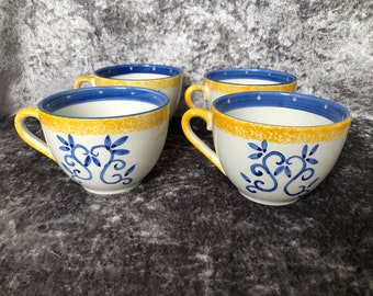 Alcobaca Tea Cups, Portuguese Pottery, Set of Four