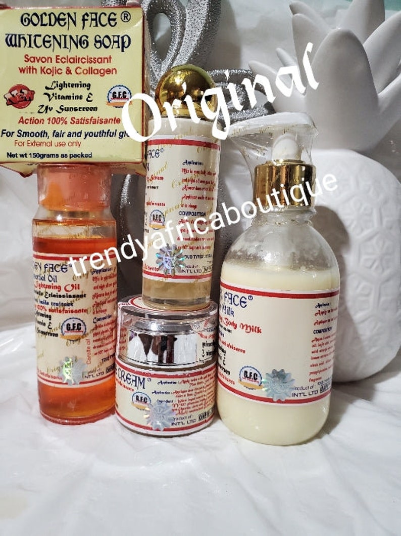5 in 1 combo:  Golden face beauty milk 250ml, Serum, Face cream, Body oil,and  face soap