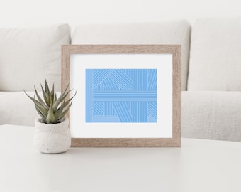 Geometric Abstract Print Digital Print, Modern Simple Linear Wall Art, Simple Abstract Art, Blue and White Contemporary Line Drawing, Decor