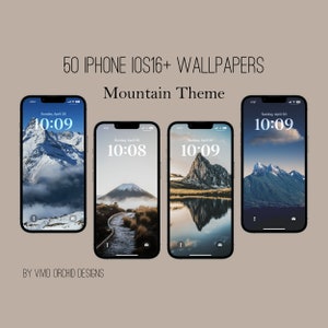Può includere: Quattro schermate di iPhone che mostrano sfondi a tema montagna con l'ora visualizzata come 10:08, 10:09 e 10:09. Il testo "50 IPHONE IOS16+ WALLPAPERS" e "Mountain Theme" è visualizzato nella parte superiore dell'immagine. Il testo "BY VIVID ORCHID DESIGNS" è visualizzato nella parte inferiore dell'immagine.