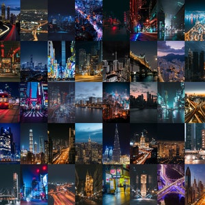 Nighttime Cities Wall Collage, Printable Wall Collage, 50 Pieces, 4x6 Inch Images, Digital Download, Room Decor, Nighttime Cities Photos