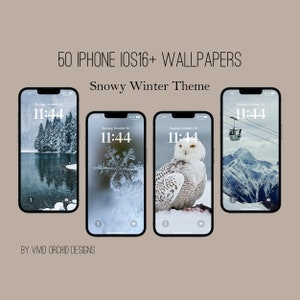 Puede incluir: Tres maquetas de iPhone que muestran fondos de pantalla con temática de invierno nevado. El primer fondo de pantalla muestra un lago con árboles cubiertos de nieve que se reflejan en el agua. El segundo fondo de pantalla presenta un copo de nieve con un fondo borroso. El tercer fondo de pantalla muestra una escena de montaña nevada con un telesilla.