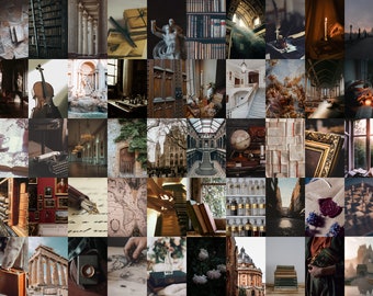 May include: A collage of images featuring vintage books, antique furniture, and architectural details. The images evoke a sense of history, literature, and old-world charm.