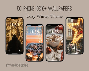 May include: Four iPhone screens displaying different winter-themed wallpapers. The wallpapers feature a snowy scene with a gingerbread cookie, a cup of hot chocolate with marshmallows, and a street scene with Christmas lights.