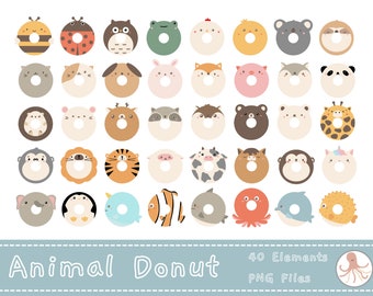 Clipart Donut animal | beignet animal PNG | clipart animal mignon | clipart de beignet | animal kawaii | fête des beignets | joli beignet PNG | beignet kawaii