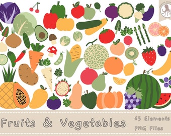 Hand Drawn Fruit and Vegetable Clipart: 65 PNG Illustrations (Digital Download)