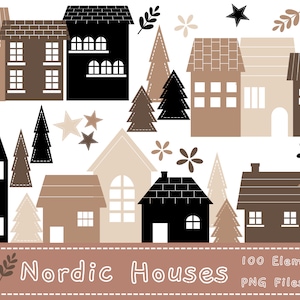 Clipart case nordiche / Clipart case scandinave / Clipart villaggio di Natale / Clipart villaggio invernale / PNG villaggio / Case scandinave