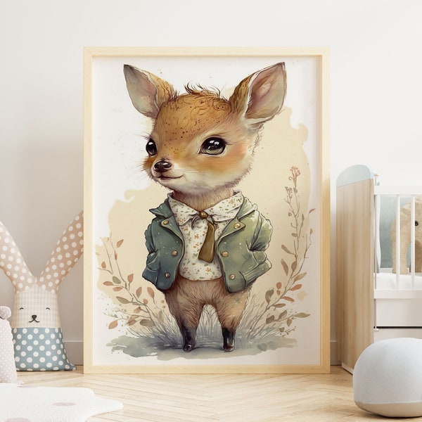 Funny Deer Wall Art Nursery Dressed Animals Print Funny Deer In Suit Art Funny Fawn Wall Art Deer Poster Watercolor Wall Art Altered Art