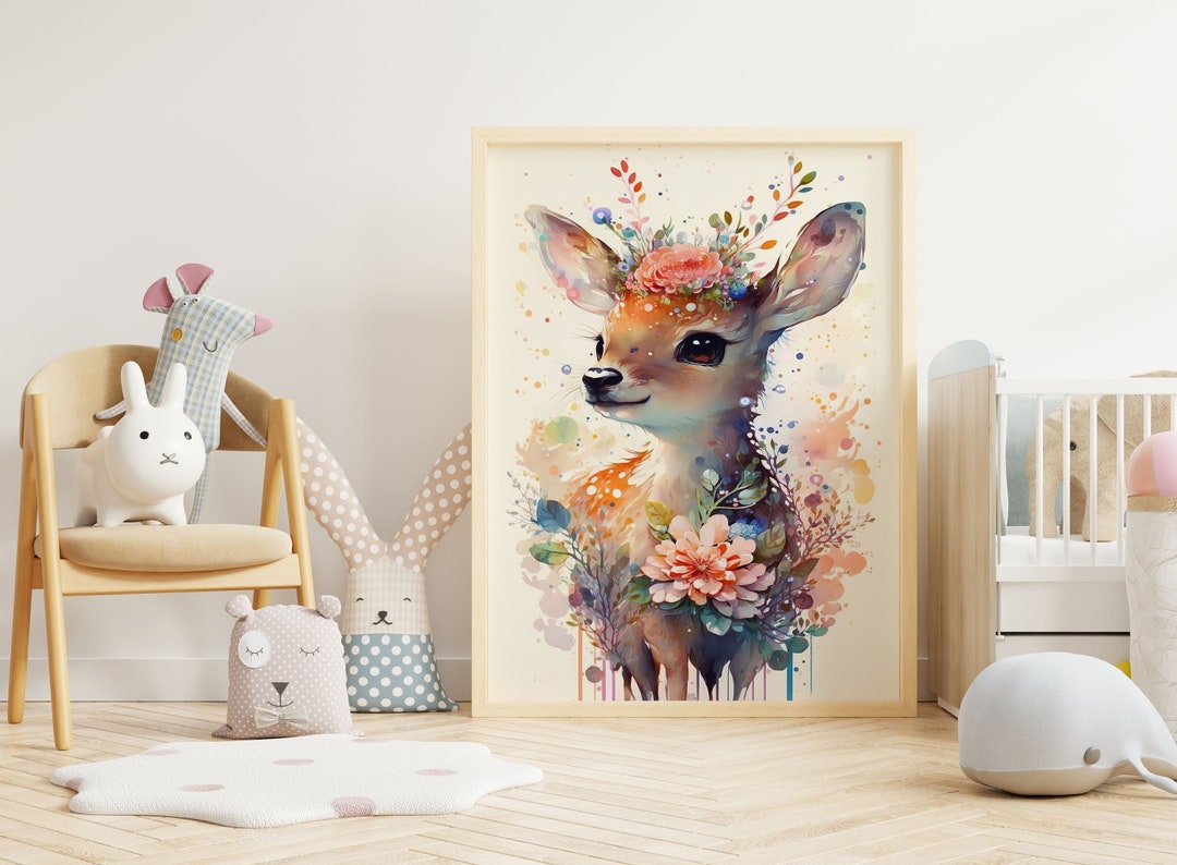 Printable Floral Deer Nursery Art Floral Fawn Art Cute Deer Wall Art