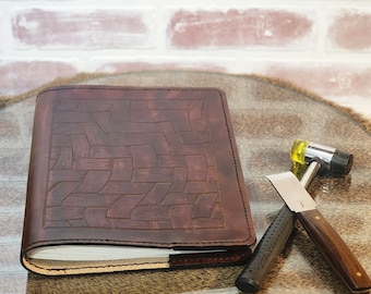 Unique large weaving patter flows in this Leather Journal Cover, Hand Tooled.