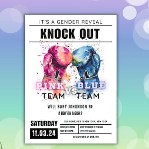 Boxing Themed Gender Reveal Invitation Template, Blue Or Pink Box Gender Reveal Party Invite, Boy or Girl, Gender Reveal Knockout, z37