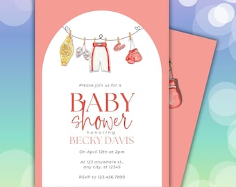 May include: A baby shower invitation with a pink background and a watercolor illustration of boxing-themed baby items. The invitation is 5 x 7 inches and includes the text "BABY shower" and the name "BECKY DAVIS".