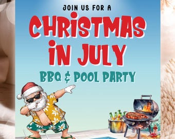 Puede incluir: Invitación de 5 x 7 pulgadas para una fiesta de barbacoa y piscina "Christmas in July". El diseño presenta a Papá Noel haciendo un dab junto a una piscina, una parrilla con comida y los detalles del evento.
