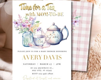 Tea Party Baby Shower Invitation: Elegant Floral Design (Canva Template)