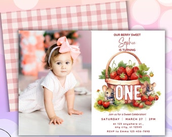 Strawberry First Birthday Photo Invitation: Pink Gingham, Berry Sweet (Digital)