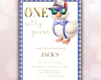 Boy One Silly Goose Birthday Invitation: Blue Gingham Canva Template (Digital Download)
