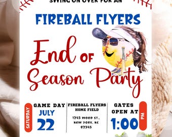 May include: A baseball-themed invitation with the text "FIREBALL FLYERS End of Season Party." The invitation is 5 x 7 inches and includes details for the event, such as the date, time, and location.