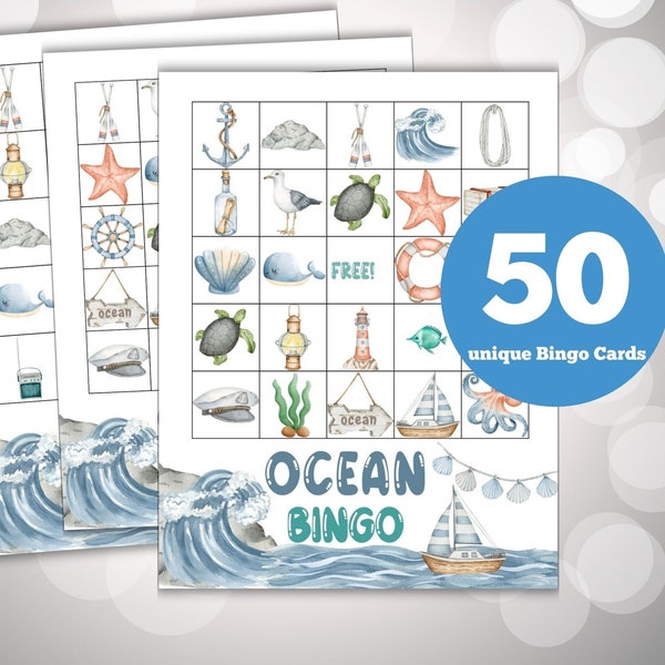 Ocean Bingo, Under the Sea Bingo, 50 Printable Nautical Bingo Cards, Sea and Ocean Games, Kid's Printable Activity, Bingo for Kids, zsea