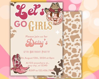 Retro Cowgirl Birthday Invitation Template: Editable Pink Party (Digital Download)