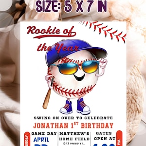 Baseball First Birthday Invitation, Rookie Of The Year Invite, Baseball Birthday Party, Birthday Invite Suite Editable Template Invite