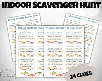 May include: A printable scavenger hunt game with a fishing theme. The game includes 24 clues, each with a different location in a home, such as the bookshelf, refrigerator, or bathroom. The clues are illustrated with cartoon fish.