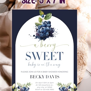 Editable Blueberry Baby Shower Invitation. A Berry Sweet Baby Is On The Way. Blueberries Baby Shower Invitation