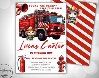 Firetruck Birthday Invitation, Firefighter Party Invite, Fireman Invite, Fire Department, Editable Canva Template, Instant Download