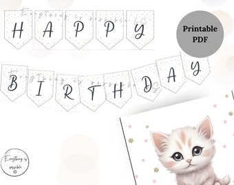 Kitty Cat Birthday Banner, Kitten Garland, Girl Birthday Decorations, Instant download, PRINTABLE DIGITAL,  z6b