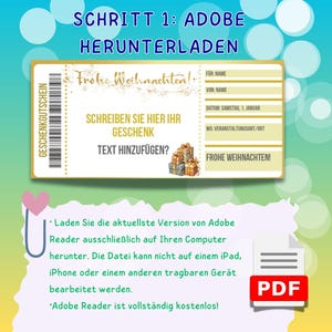 May include: A gold and white printable gift certificate template with the text "Frohe Weihnachten!" and "SCHRITT 1: ADOBE HERUNTERLADEN". The template has fields for "F&Uuml;R: NAME", "VON: NAME", "DATUM: SAMSTAG, 1. JANUAR", and "WO: VERANSTALTUNGSORT/ORT".
