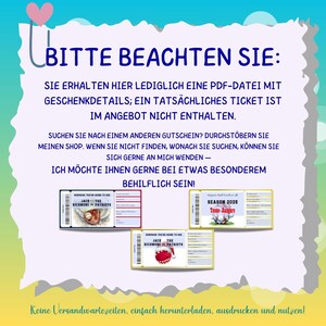 May include: A digital download for a gift certificate. The text on the image reads "Bitte beachten Sie: Sie erhalten hier lediglich eine PDF-Datei mit Geschenkdetails; ein tats&auml;chliches Ticket ist im Angebot nicht enthalten. Suchen Sie nach einem anderen Gutschein? Durchst&ouml;bern Sie meinen Shop. Wenn Sie nicht finden, wonach Sie suchen, k&ouml;nnen Sie sich gerne an mich wenden - Ich m&ouml;chte Ihnen gerne bei etwas Besonderem behilflich sein! Keine Versandwartezeiten, einfach herunterladen, ausdrucken und nutzen!"