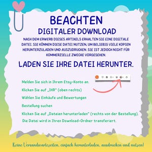 May include: A pink and white illustration with the text "BEACHTEN DIGITALER DOWNLOAD" and instructions on how to download a digital file after purchase. The text says "Nach dem Erwerb dieses Artikels erhalten Sie eine digitale Datei. Sie k&ouml;nnen diese Datei nutzen, um beliebig viele Kopien herunterzuladen und auszudrucken. Sie ist jedoch nicht f&uuml;r kommerzielle Zwecke vorgesehen. Laden Sie Ihre Datei herunter."