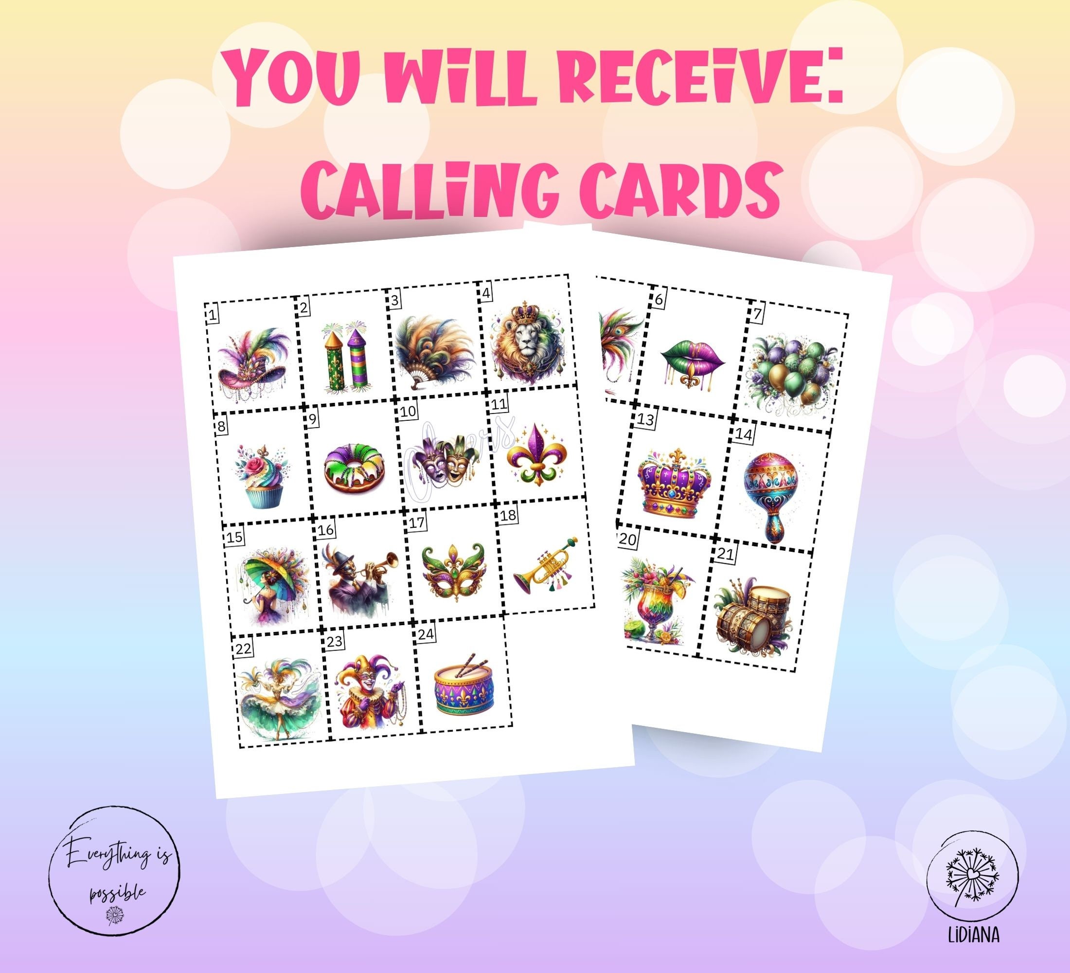 Mardi Gras Bingo 50 Bingo Cards Printable Party Activity Instant ...